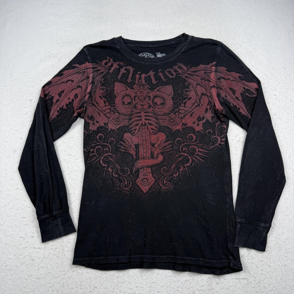 Affliction Shirt Mens Medium Black Long Sleeve Rogue Skull Graphic Thermal Tee